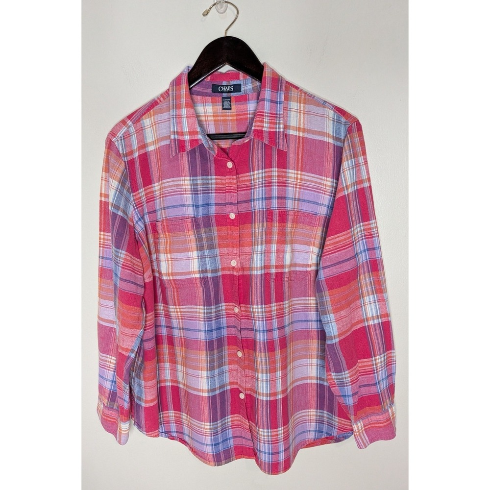 Chaps Women 2X Button-Up Pastel Madras Plaid Shirt Linen Blend Preppy Coastal